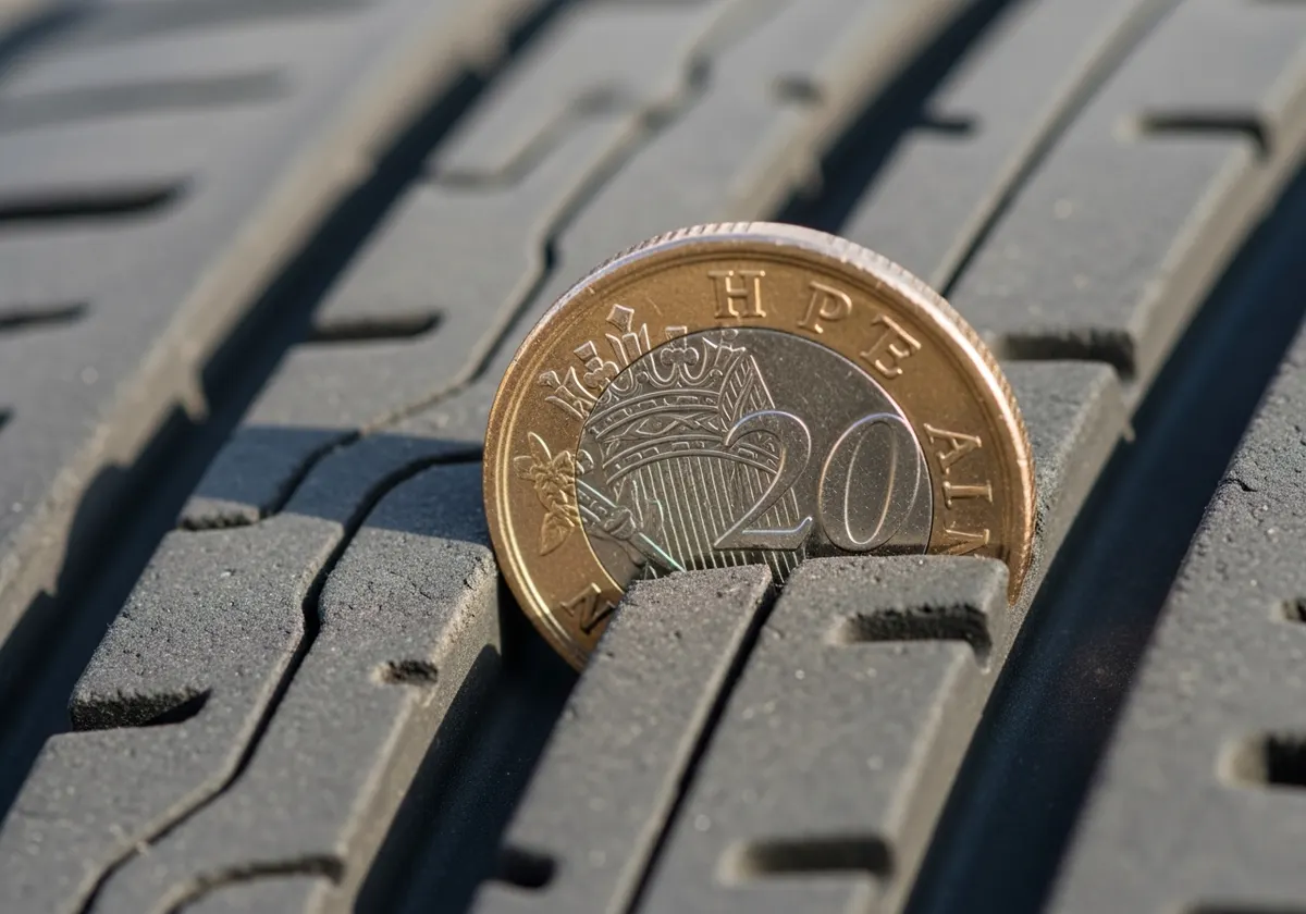 20p coin inserted into a tyre tread groove