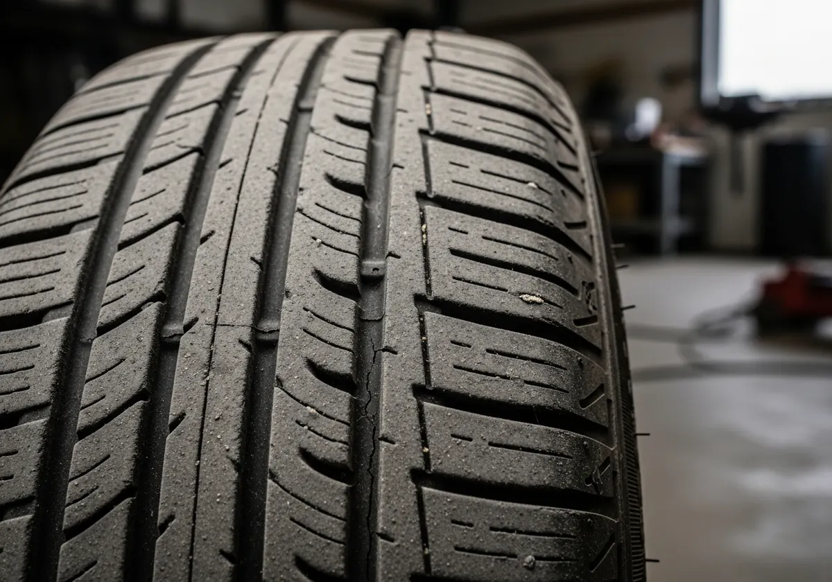 Worn car tyre with visible damage