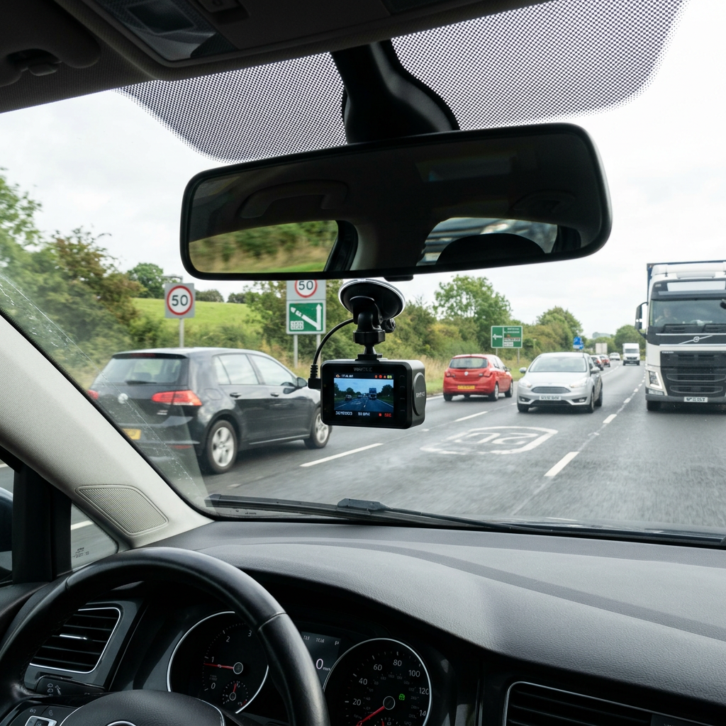 Dash cam mounted behind the rear-view mirror on a car windscreen, recording a UK road