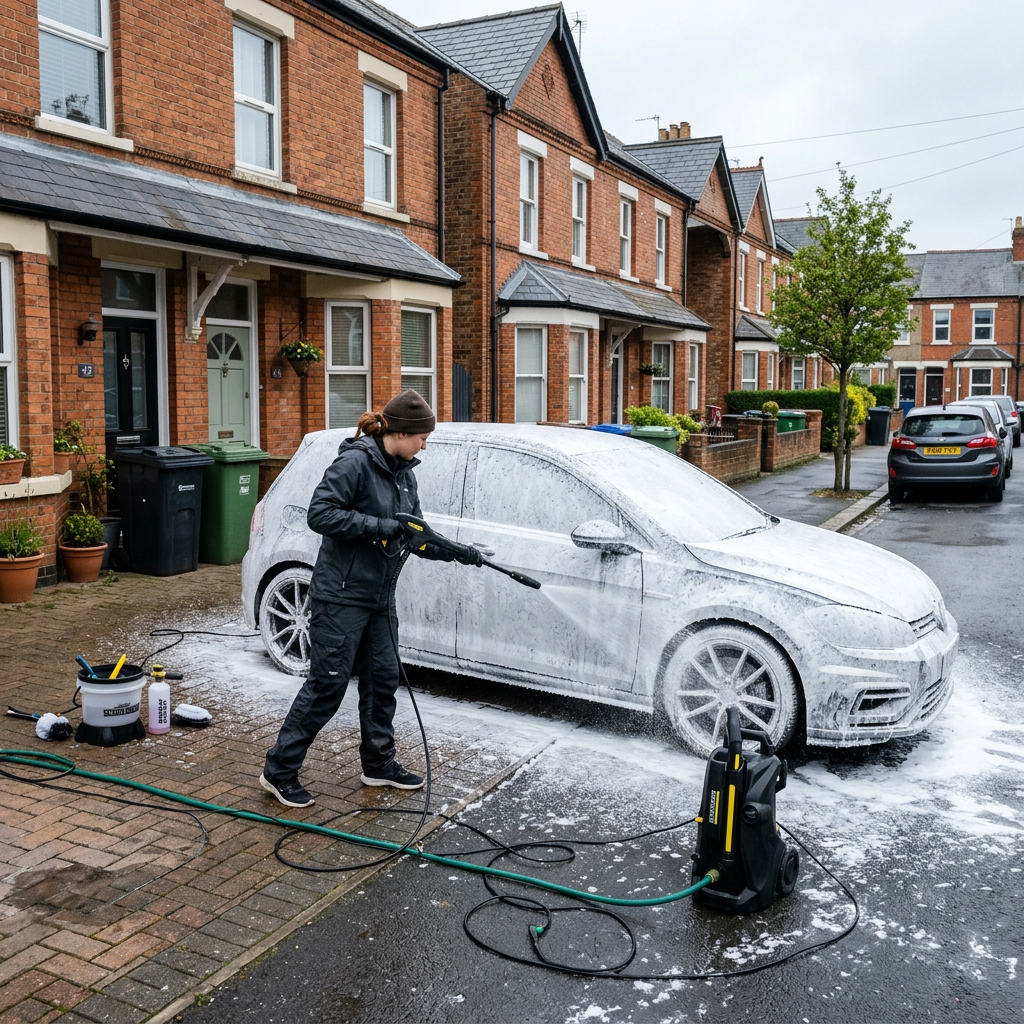 Washing a car with a pressure washer and snow foam on a UK driveway