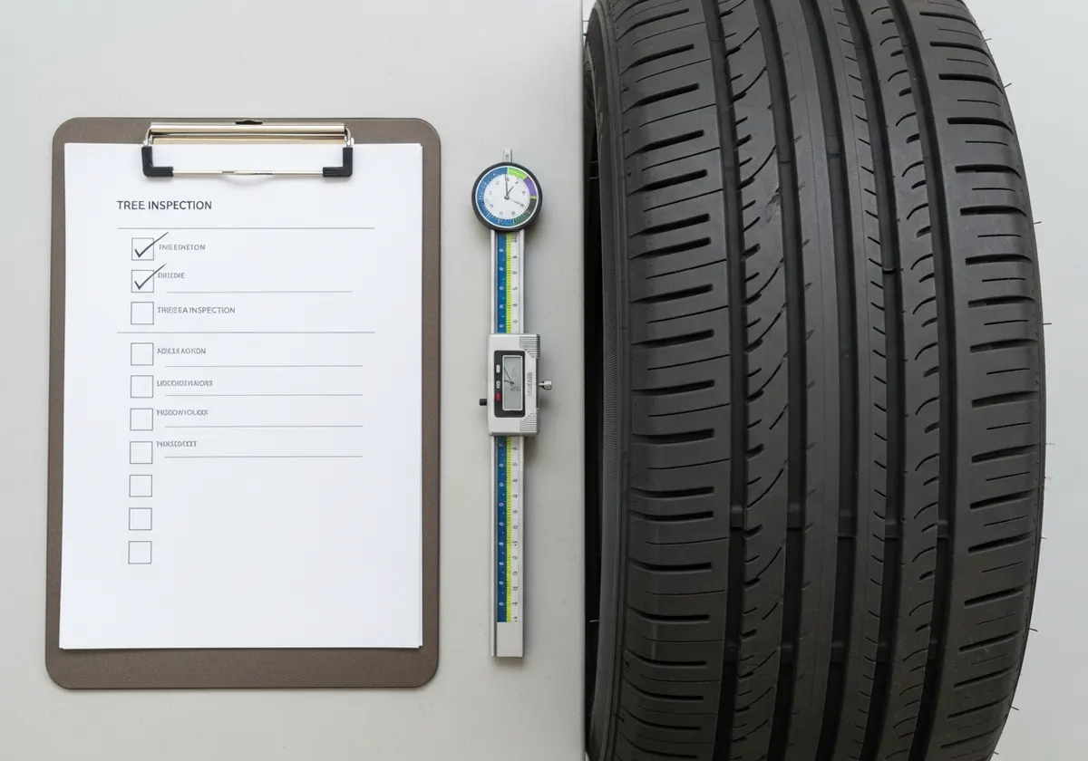 Tyre tread depth gauge and checklist on workshop floor