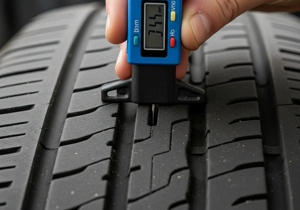 Using a tread depth gauge on a tyre