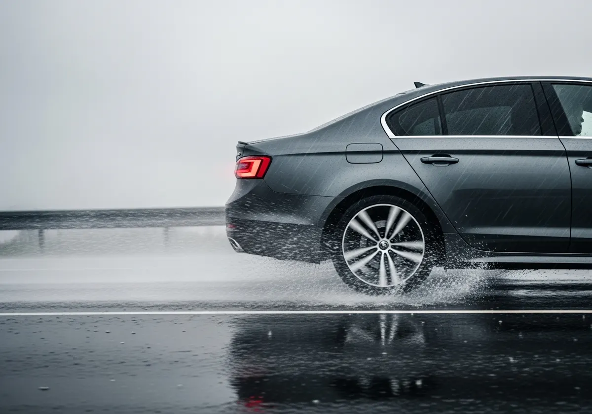 Car driving on wet road showing tyre grip